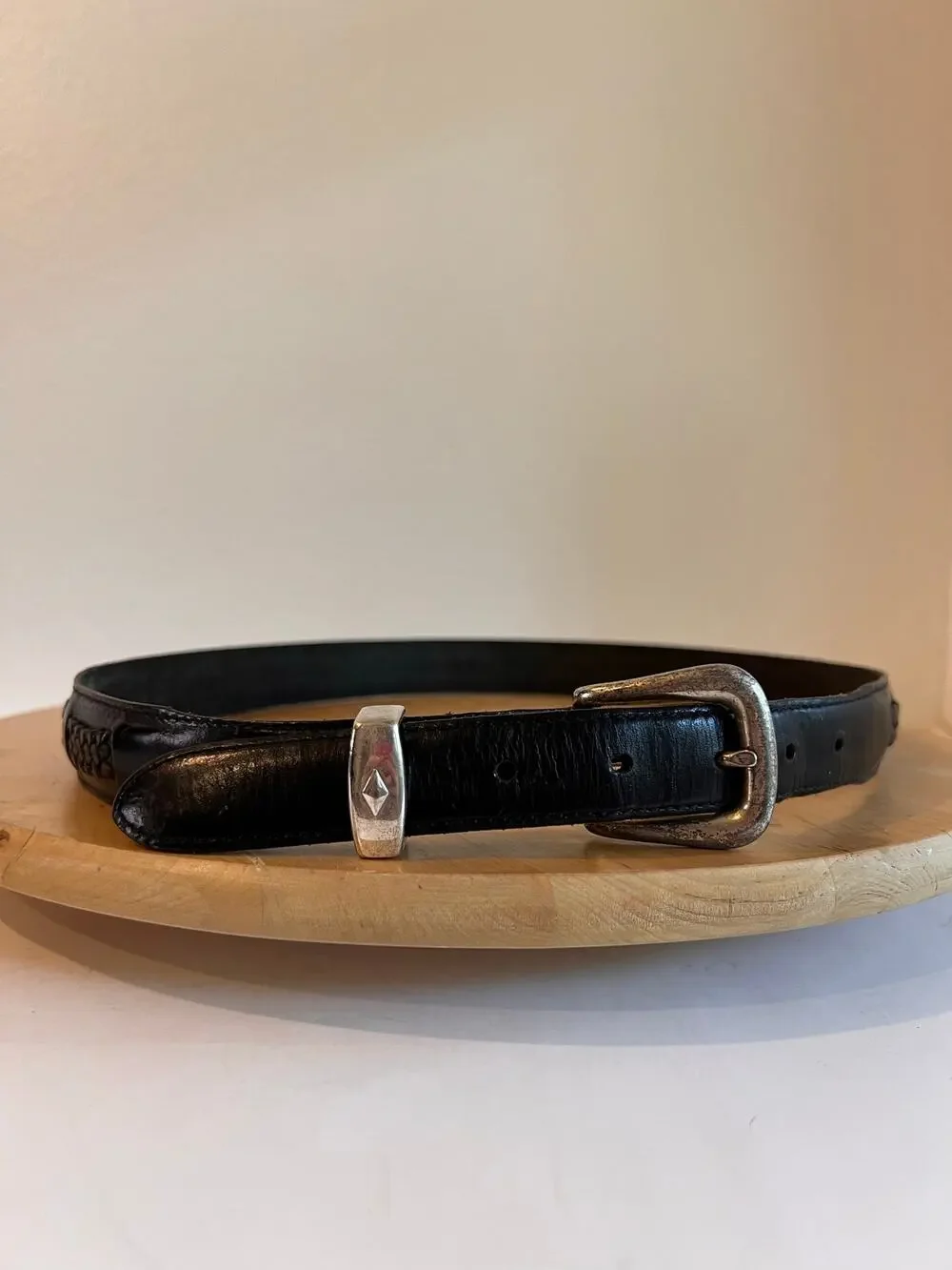 Vintage Full Grain Cowhide Argentina Silver Worn Buckle Braided Belt Size Large